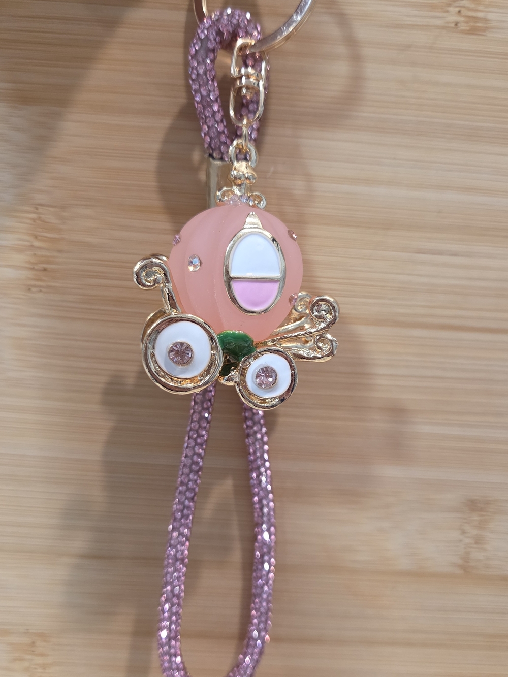 NEW Princess Pumpkin Carriage Keychain Bling Rhinestone Pink Wristlet Charm
